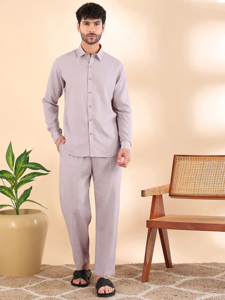 Men Linen Solid Co-ord Set