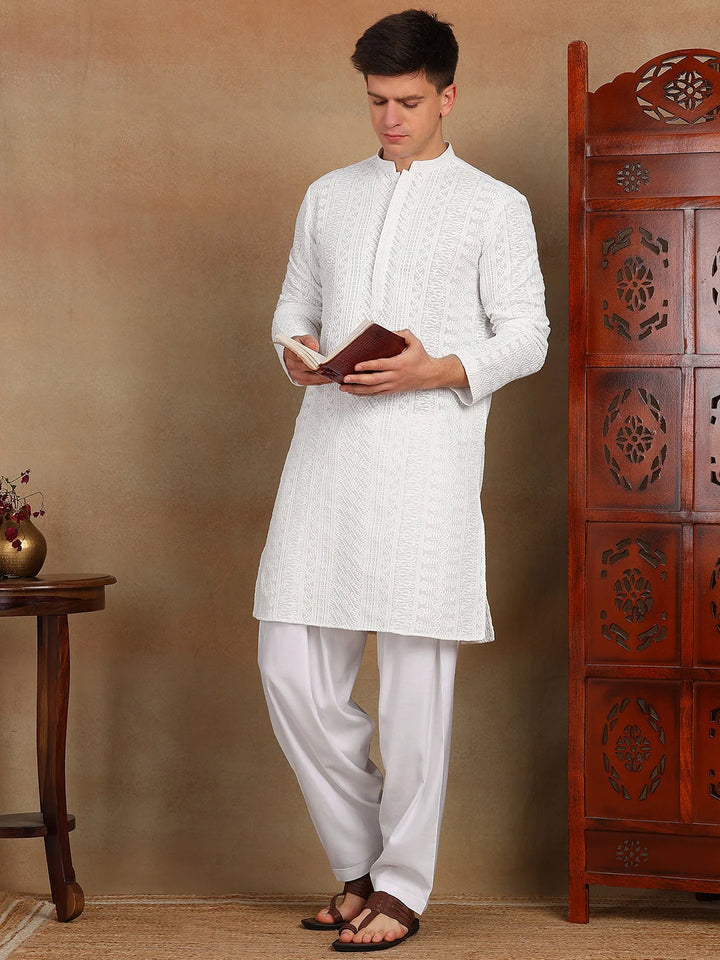 Classic White Chikankari Embroidered Straight Kurta paired with Salwar