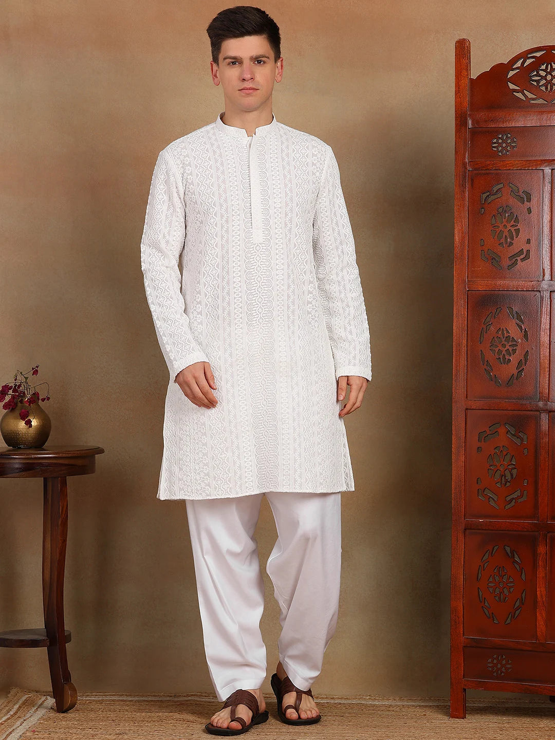 Men White Chikankari Embroidered Straight Kurta paired with Salwar